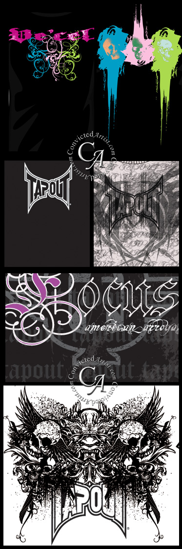 Top Design: Created for Vecel clothing line of lead singer of LINCOLN PARK.  Bottom Design: Prior to Charles Lewis Jr.'s death. Josh Webster designed designs for Tap Out Clothing  mid tier and couture lines