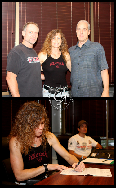 Top: Mike Rush, Kathy Long, Bill Larson. Bottom: 5 Time World Kickboxing Champion Kathy Long signs 3 fight contract with Call to Arms MMA Promotions